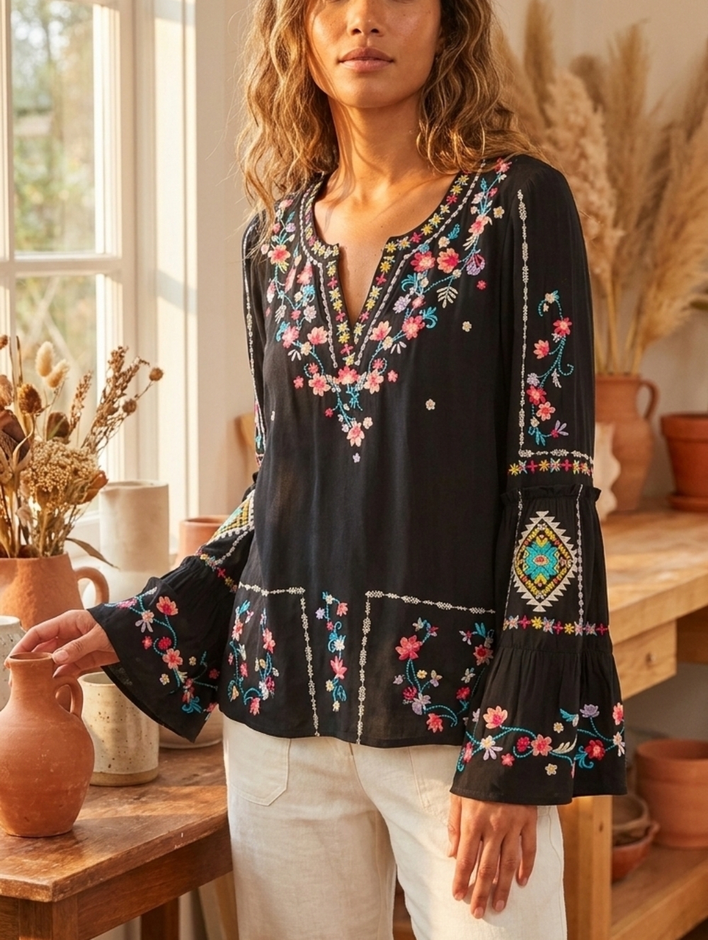 Savanna Jane Black Floral Embroidered Blouse
